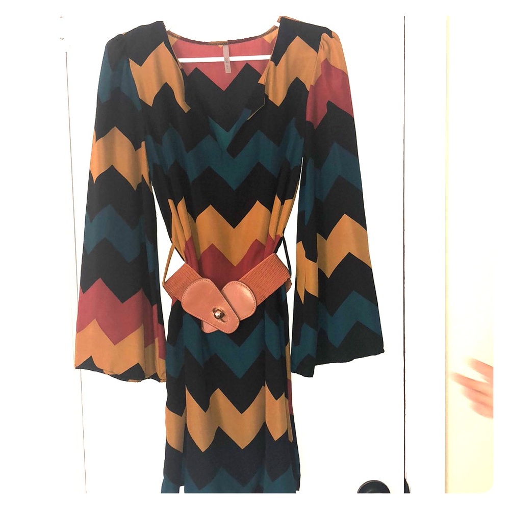 Adorable multicolored chevron design belted dress
